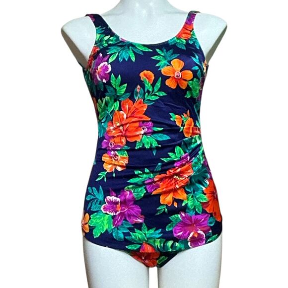 Maxine of Hollywood Made in USA Tropical Floral Swimsuit Skirt Vintage 80s 12 - Picture 1 of 10